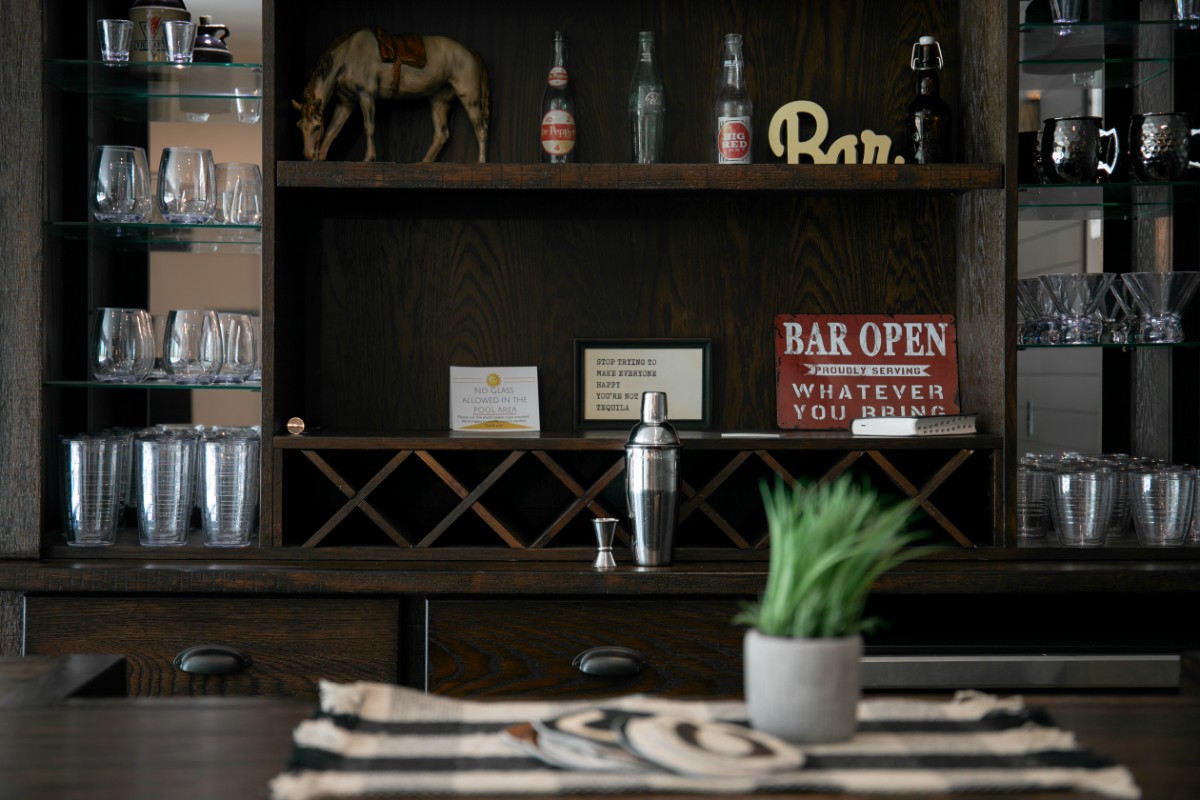 Poolside lounge bar — glassware, wine storage and bar tools